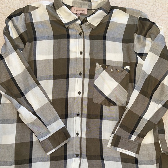 Philosophy Olive and White Checkered Button Down Shirt - Picture 6 of 6